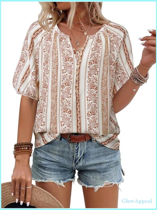 Tops - V-Neck Short Sleeve Button Down Blouse, Rayon Nylon Blend, Loose Fit Boho